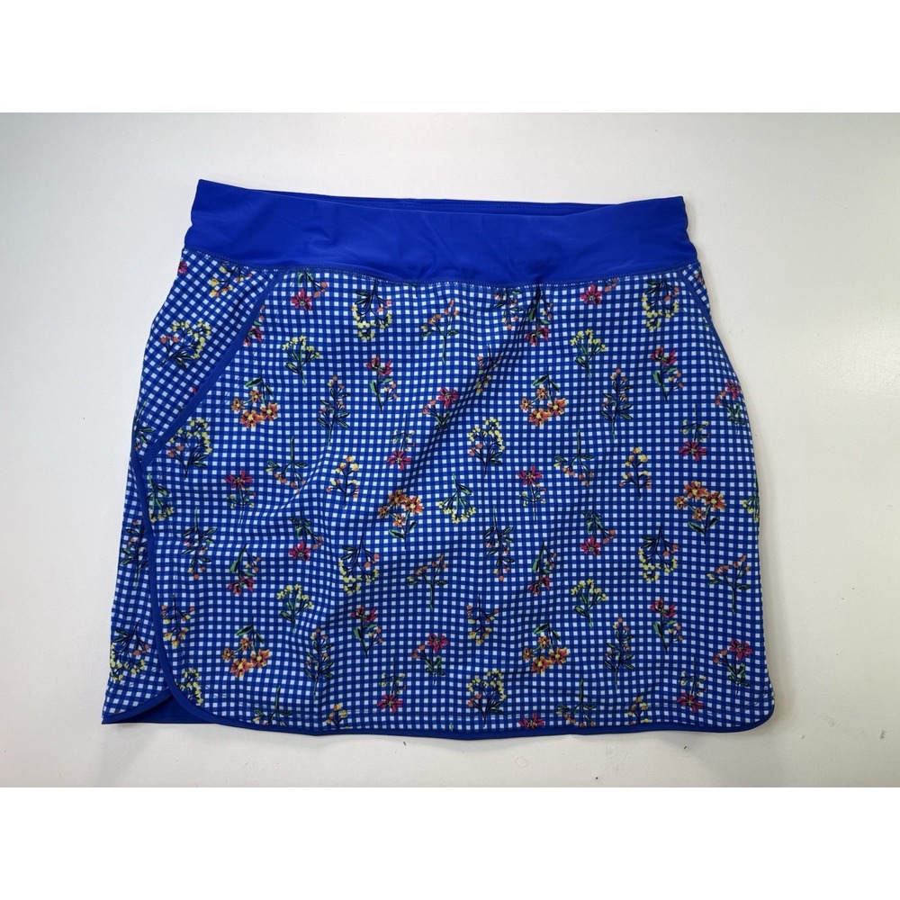 Lands End Quick Dry Board Skort Swim Skirt Botanical Check Active Womens 10 Blue